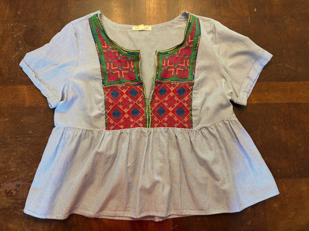 American Eagle Size L Embroidered Peplum Top Blue Stripe Boho